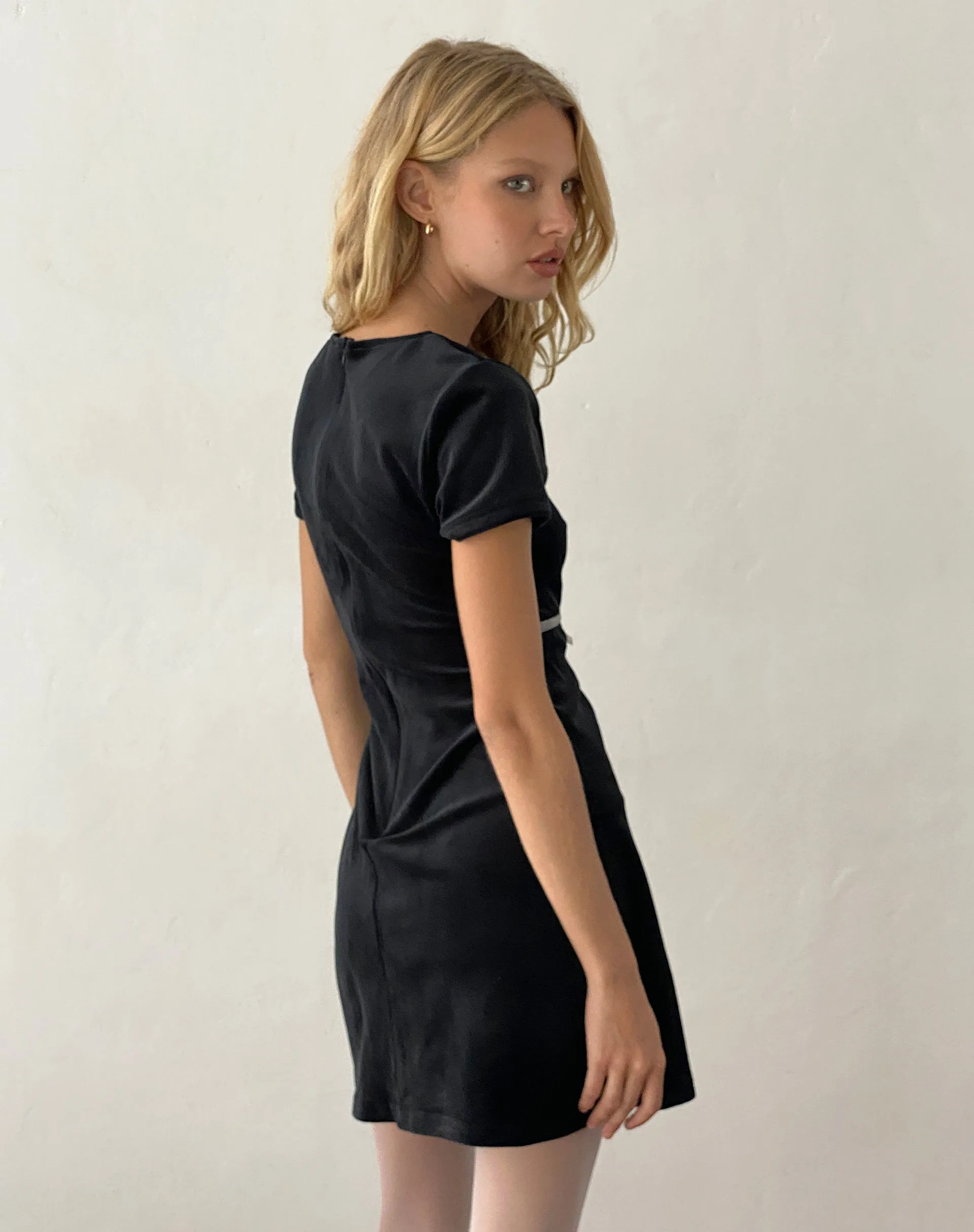 Amanda Mini Dress in Black Velvet with White Trim and Bow