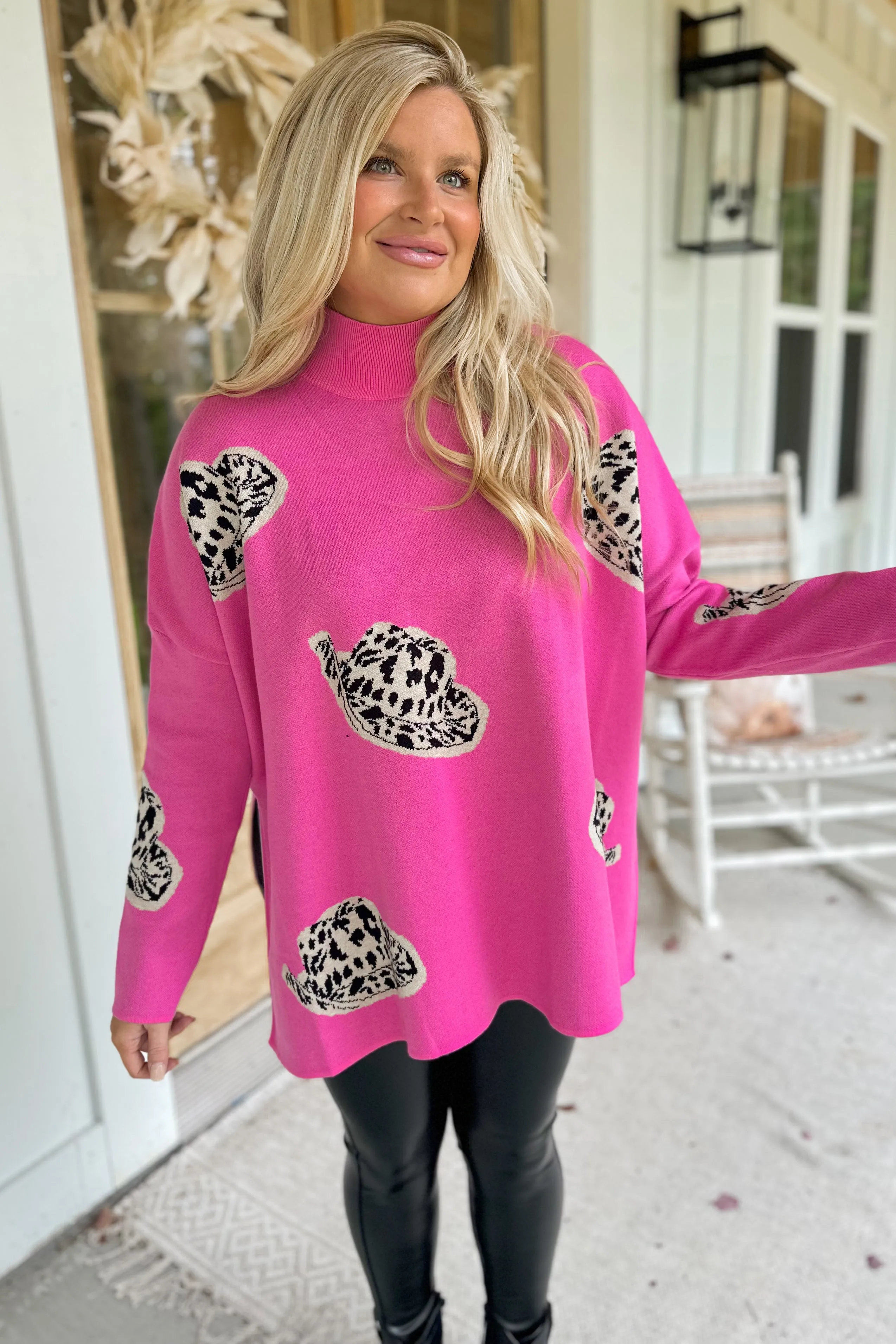 Axl Animal Print Cowboy Hat Mock Neck Long Sleeve Sweater *FINAL SALE*