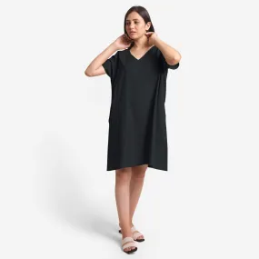 Black Cotton Flax V-Neck Short Shift Tunic