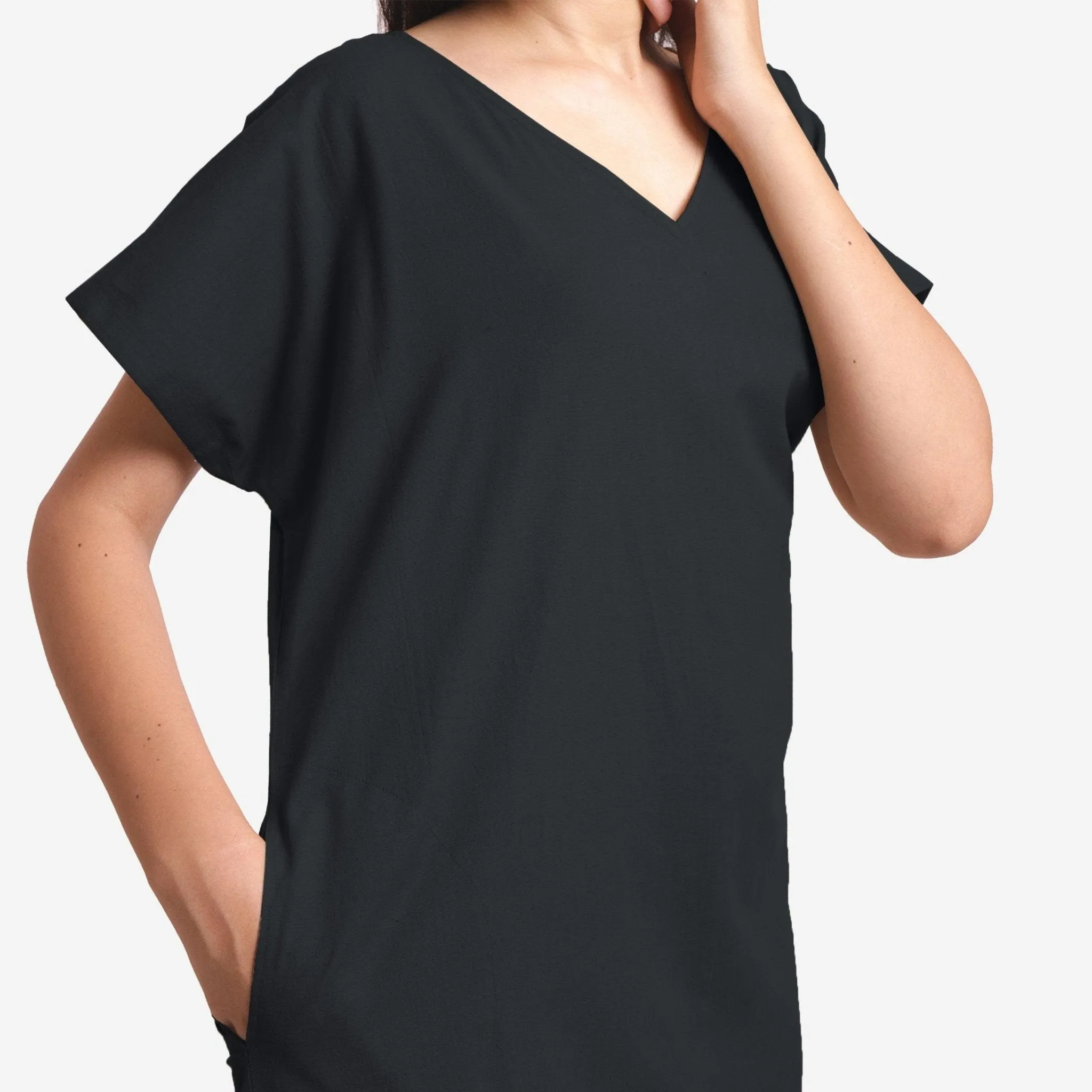 Black Cotton Flax V-Neck Short Shift Tunic