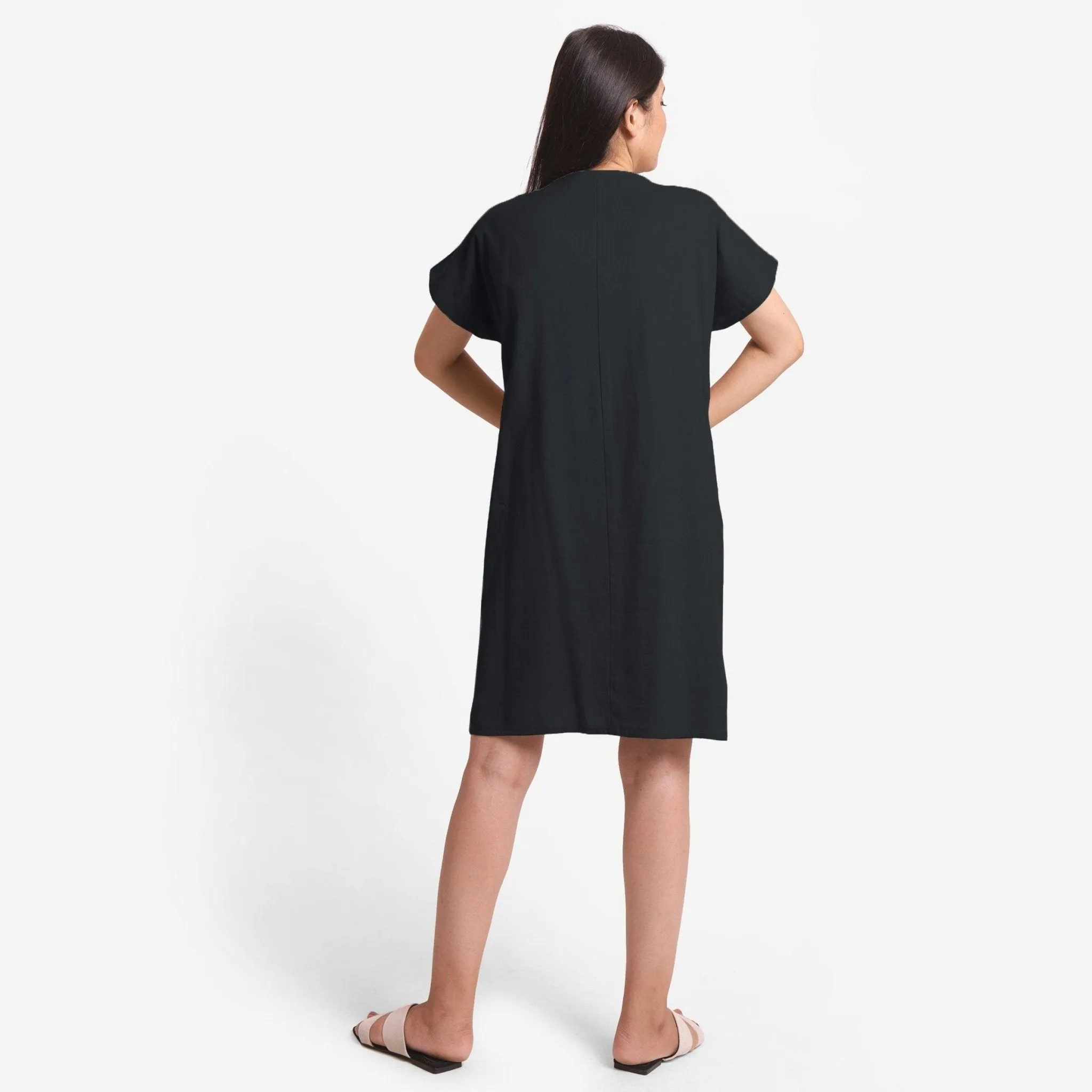 Black Cotton Flax V-Neck Short Shift Tunic