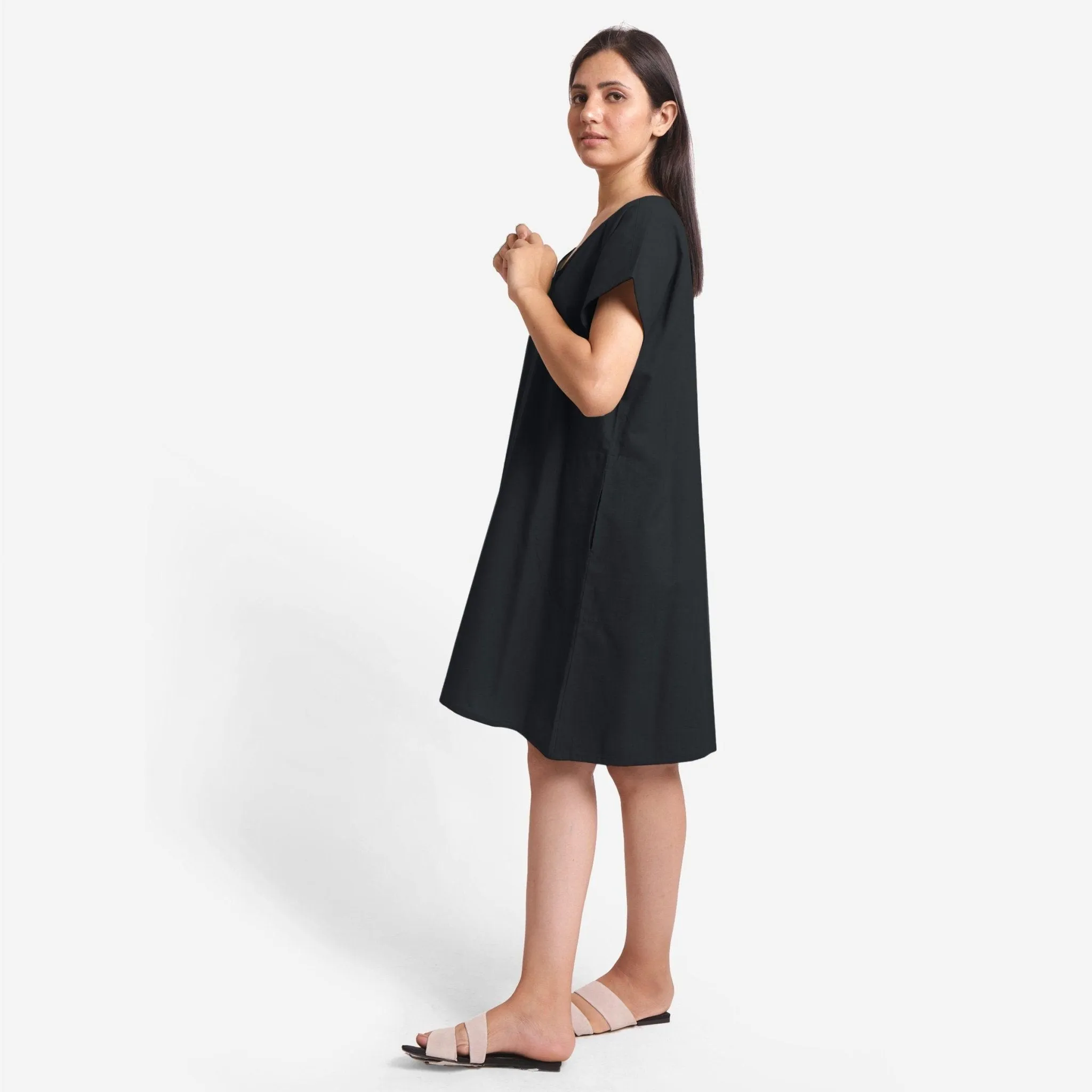 Black Cotton Flax V-Neck Short Shift Tunic