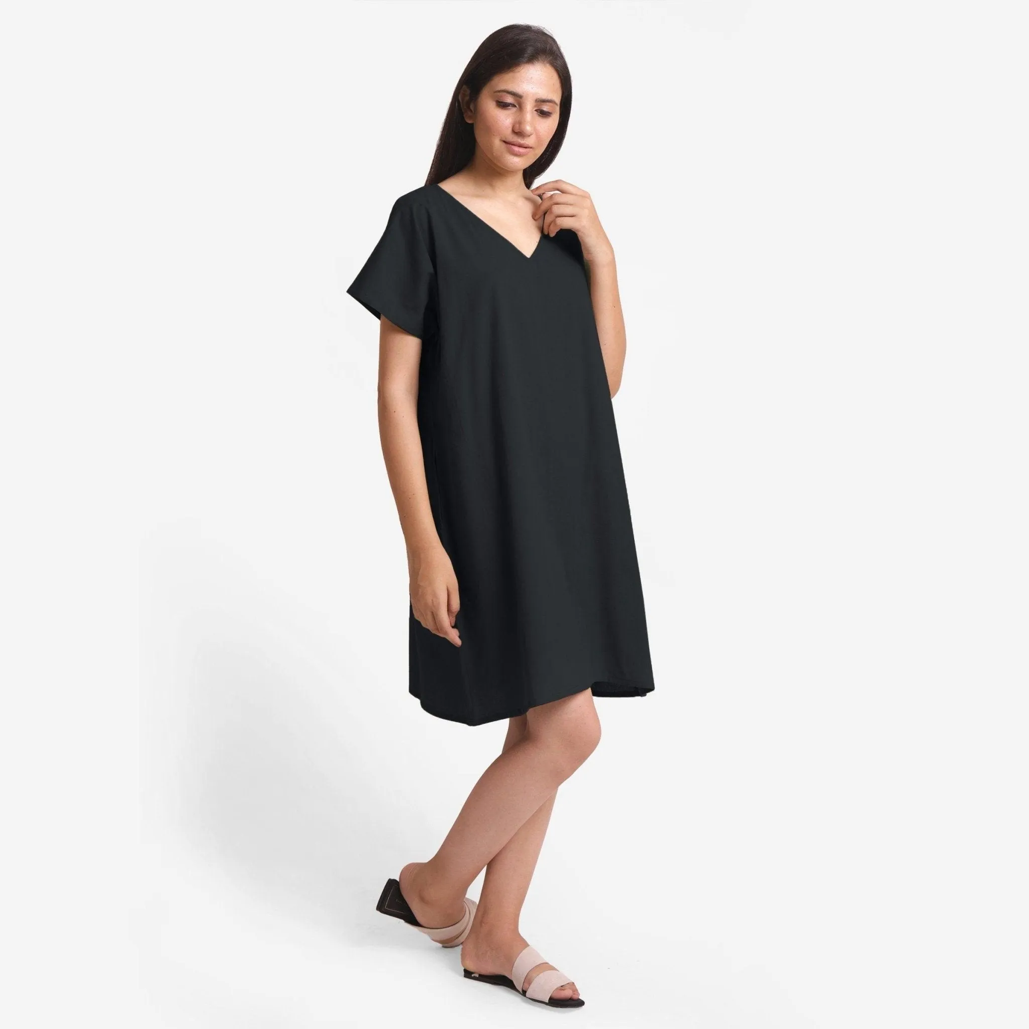 Black Cotton Flax V-Neck Short Shift Tunic