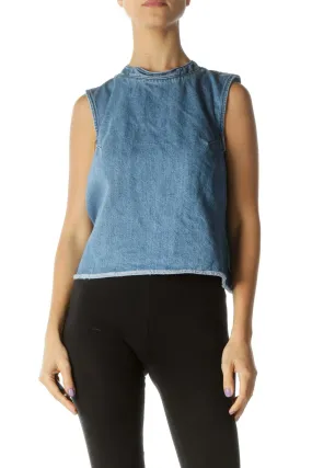 Blue Denim Mock Neck Sleeveless Top