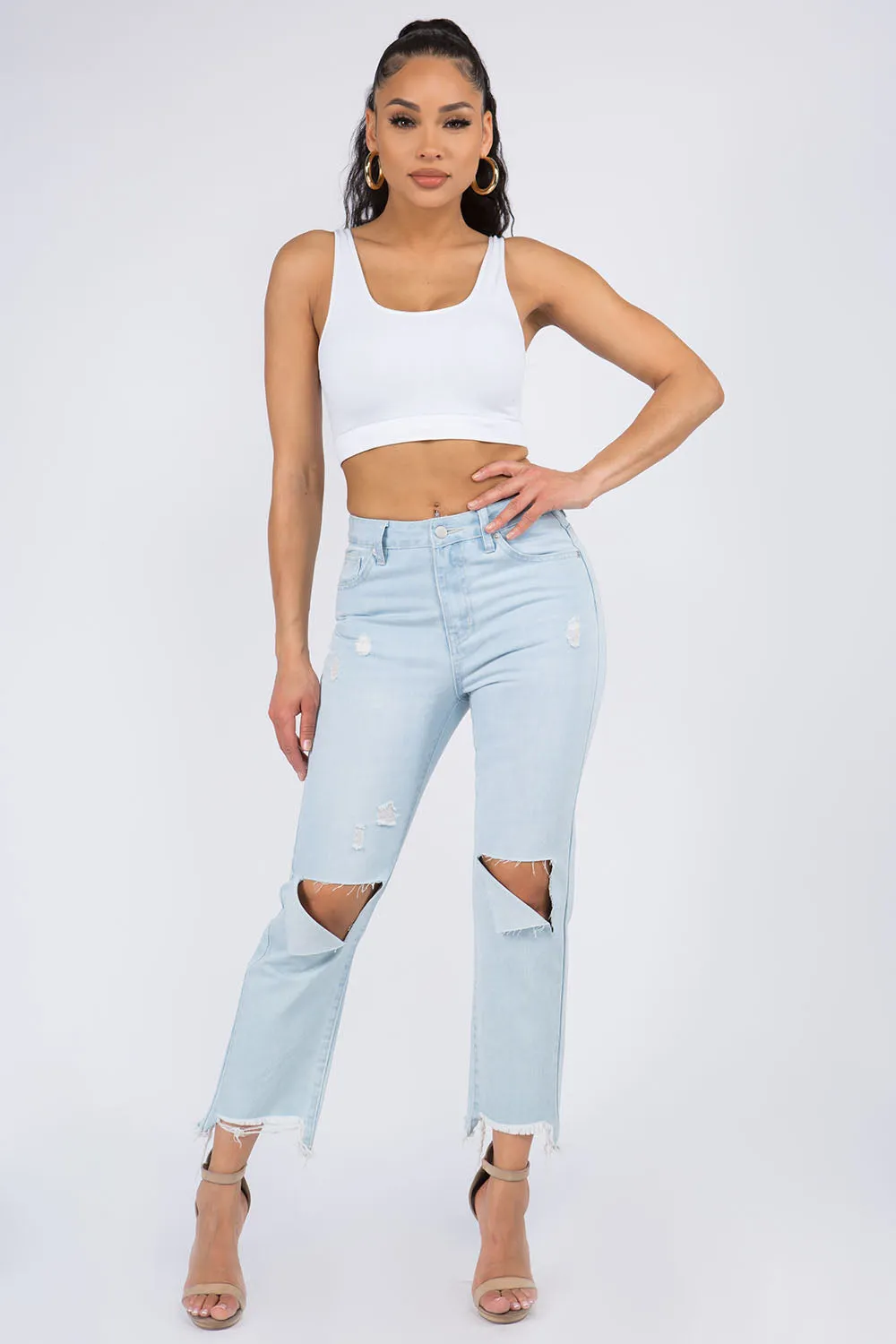 Blue Zone Planet |  American Bazi High Waist Distressed Raw Hem Jeans