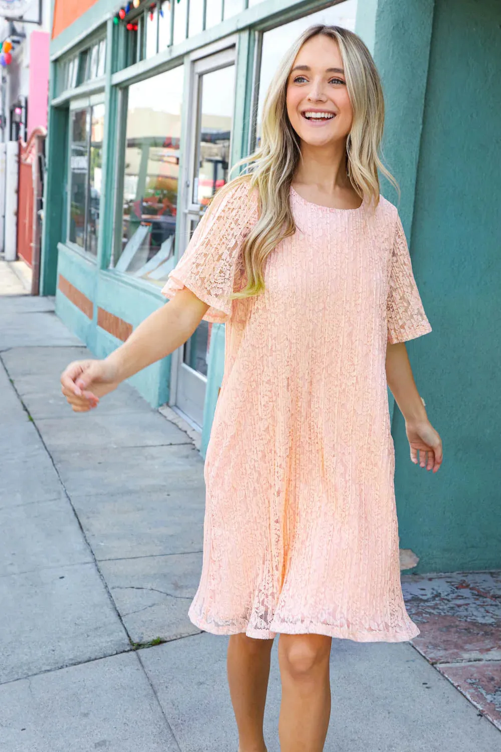 BLUSH PLEATED ACCORDIAN LACE MIDI SHIFT DRESS