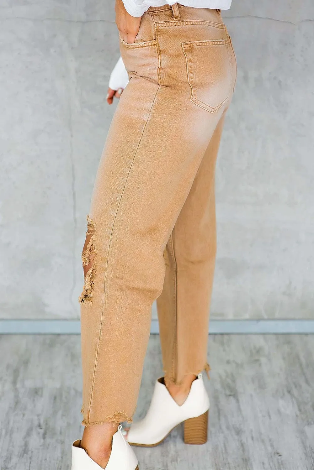 Brown Distressed Hollow-out Flared High Waist Denim Jeans