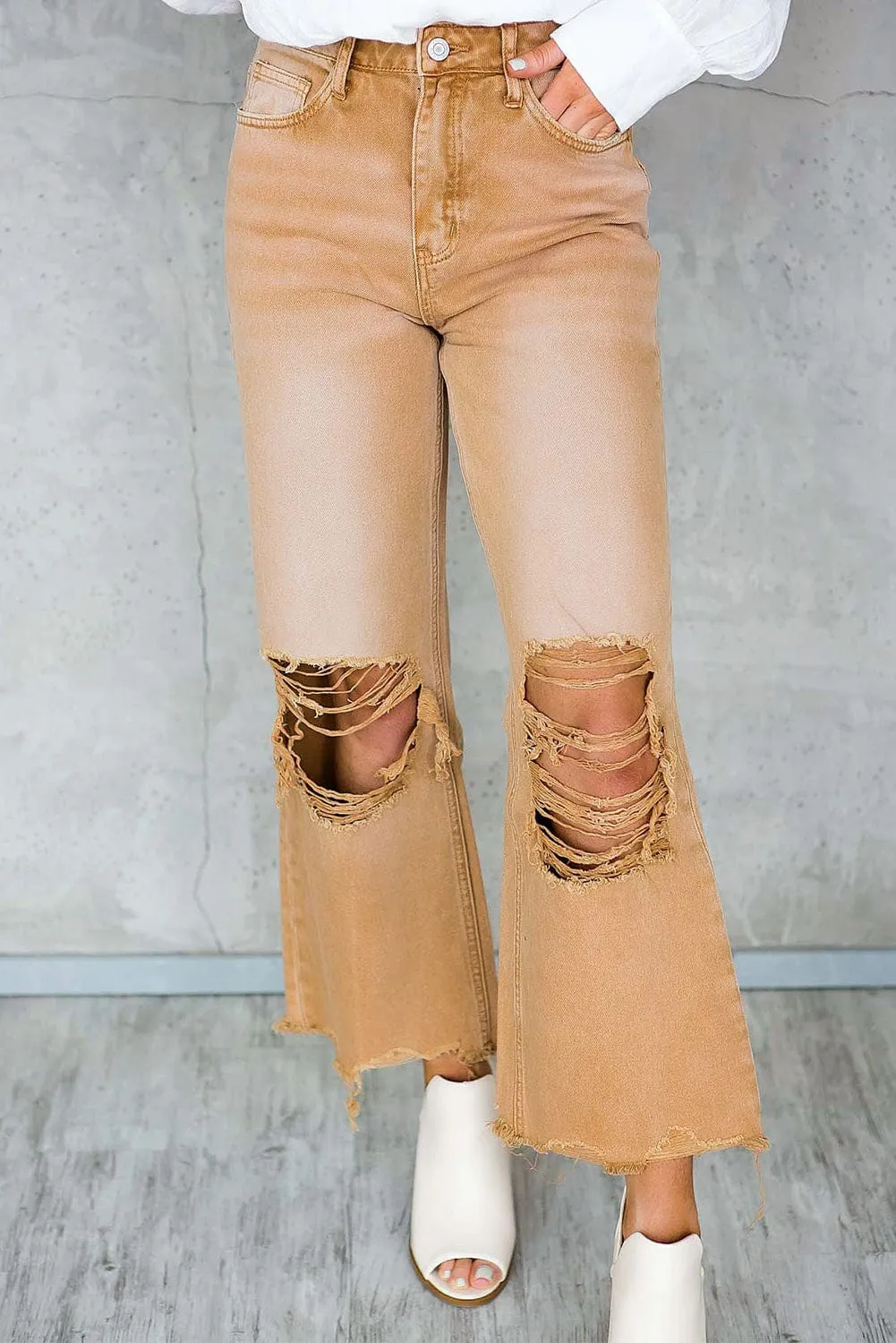 Brown Distressed Hollow-out Flared High Waist Denim Jeans