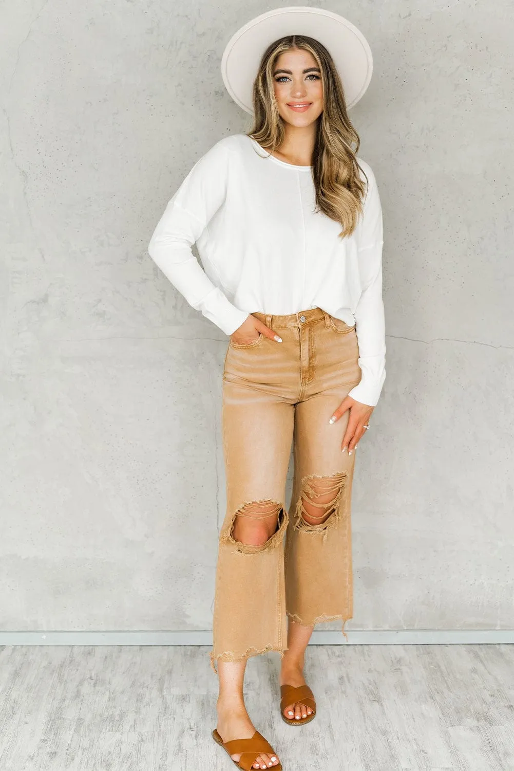 Brown Distressed Hollow-out Flared High Waist Denim Jeans