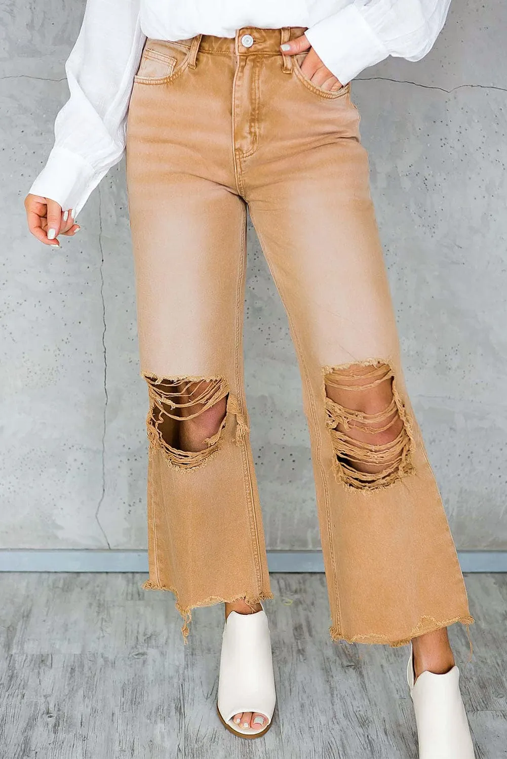 Brown Distressed Hollow-out Flared High Waist Denim Jeans