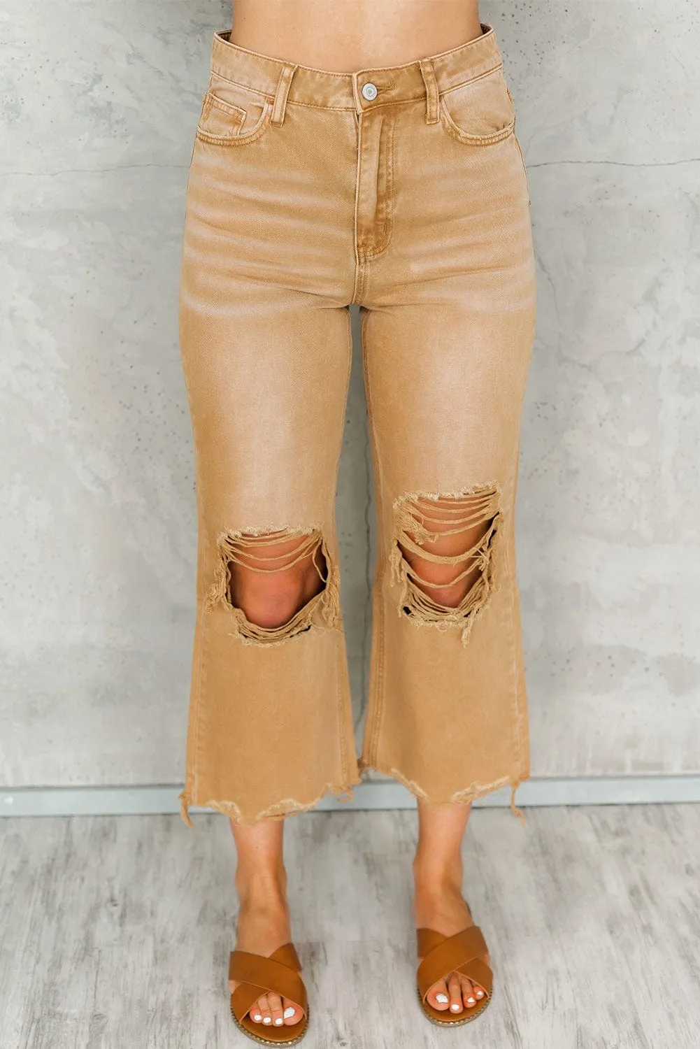 Brown Distressed Hollow-out Flared High Waist Denim Jeans