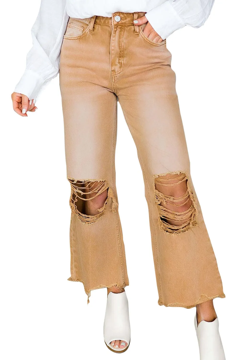 Brown Distressed Hollow-out Flared High Waist Denim Jeans