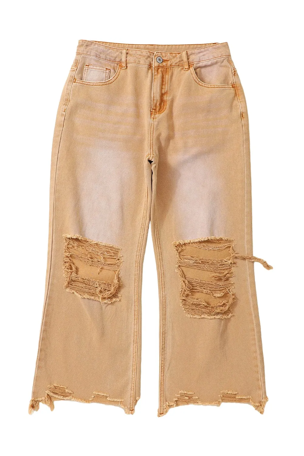 Brown Distressed Hollow-out Flared High Waist Denim Jeans