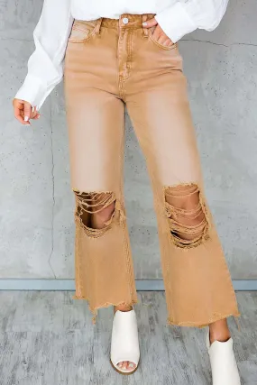 Brown Distressed Hollow-out Flared High Waist Denim Jeans