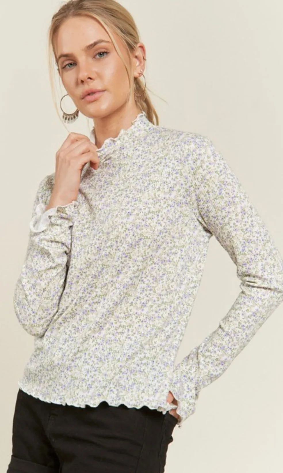 Caprisa White Floral Print Mock Neck Long Sleeve Top