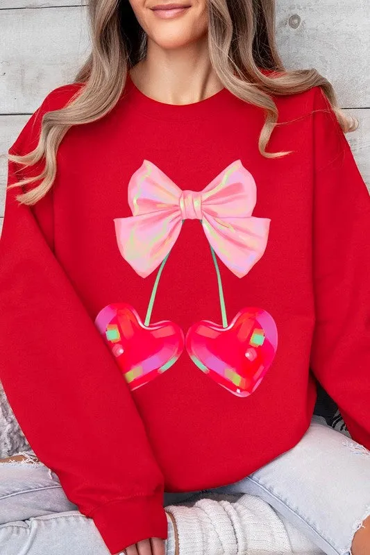 Cherry Pink Bow Graphic Fleece Sweatshirts