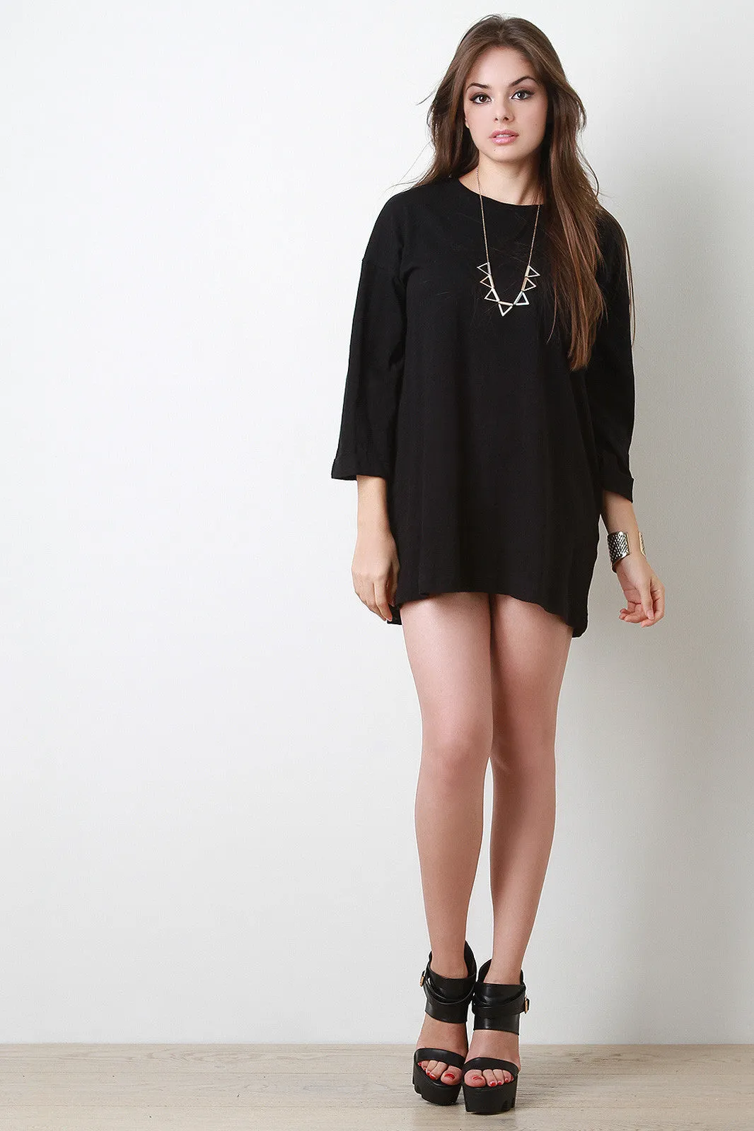 Cuffed Quarter Sleeves Mini Shift Dress