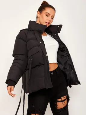 Erika D-Ring Tape Pockets Padded Puffer Jacket In Black