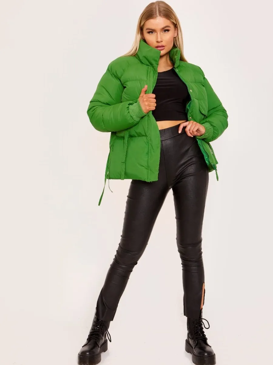 Erika D-Ring Tape Pockets Padded Puffer Jacket In Green