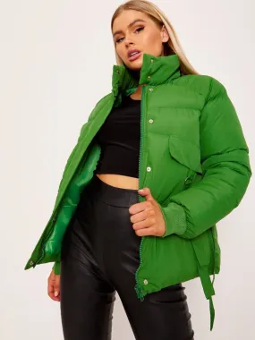 Erika D-Ring Tape Pockets Padded Puffer Jacket In Green