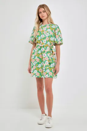 Floral belted Puff Sleeve Mini Shift Dress