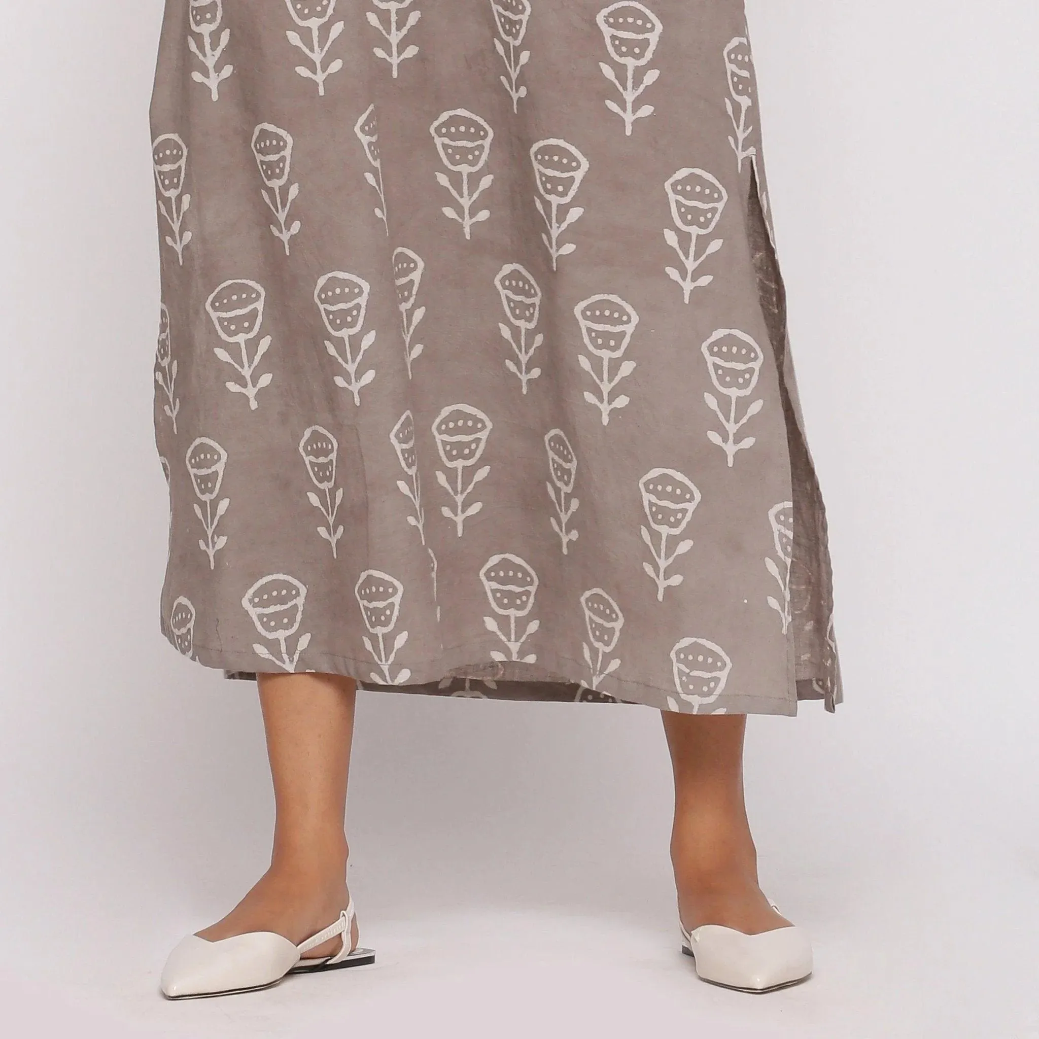 Grey Dabu Block Printed Cotton Shift Maxi Dress