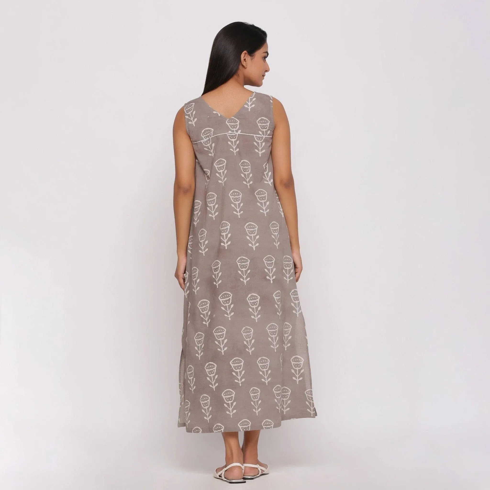 Grey Dabu Block Printed Cotton Shift Maxi Dress