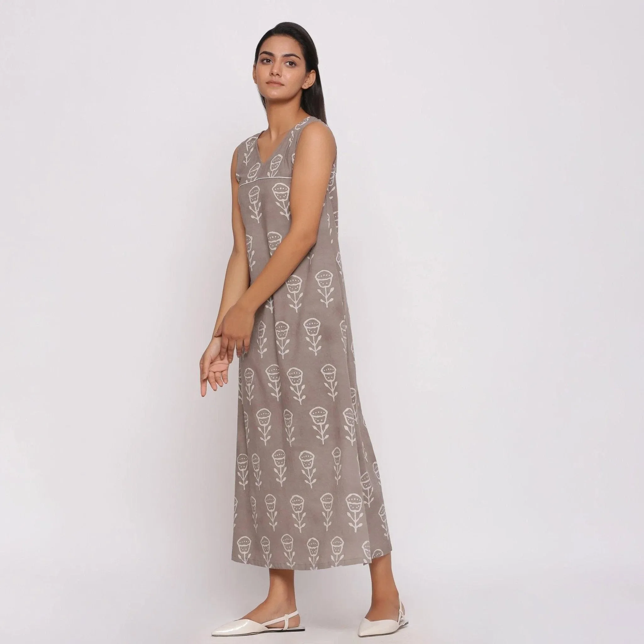 Grey Dabu Block Printed Cotton Shift Maxi Dress