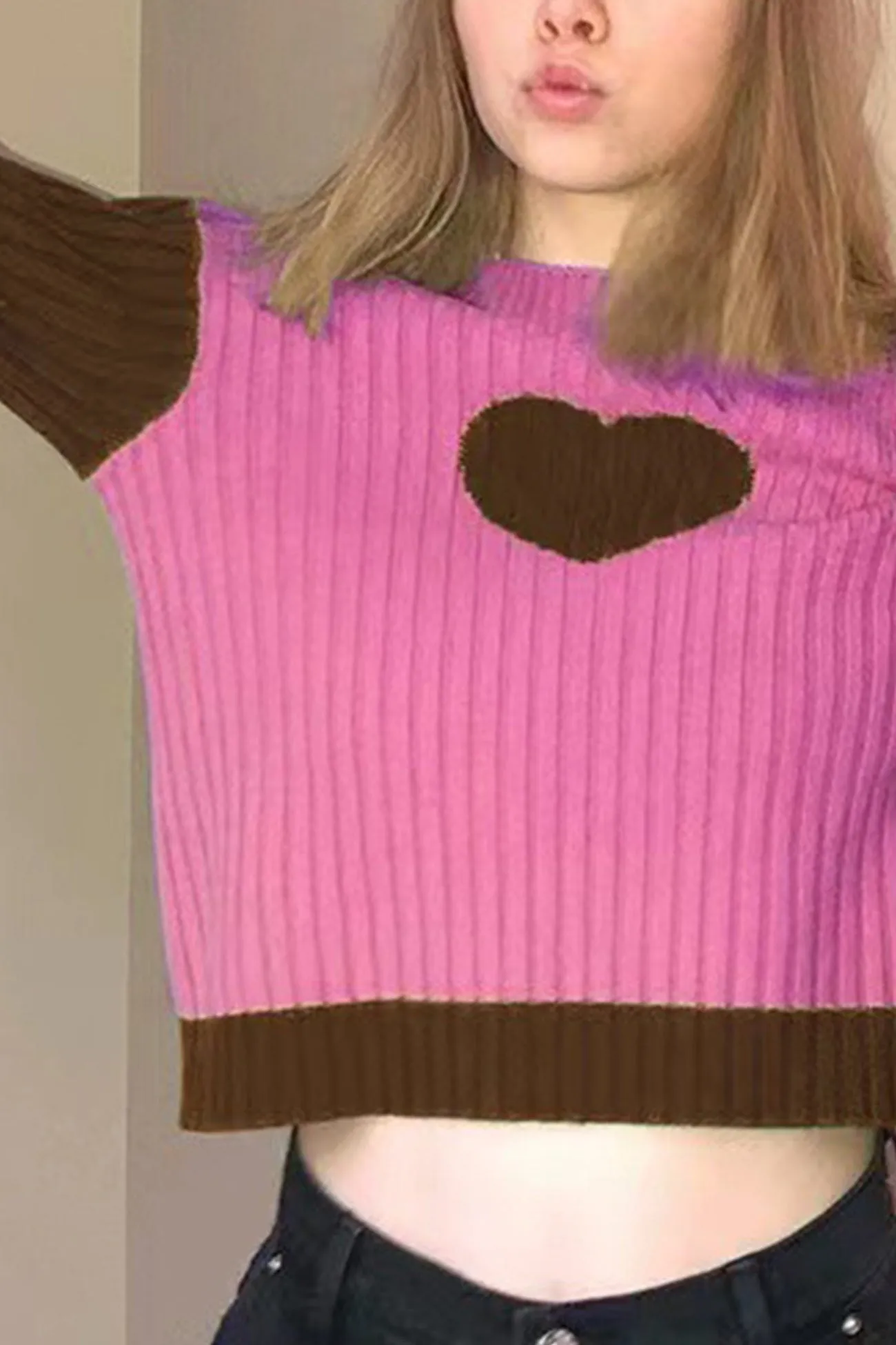 Joskaa Contrast Mock Neck Heart Graphic Ribbed Knit Tops