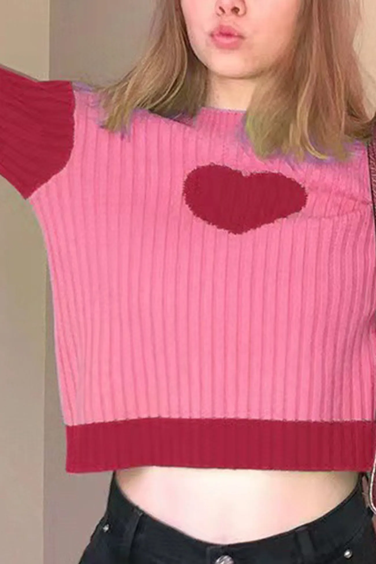 Joskaa Contrast Mock Neck Heart Graphic Ribbed Knit Tops