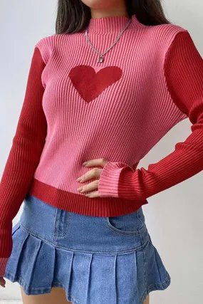 Joskaa Contrast Mock Neck Heart Graphic Ribbed Knit Tops