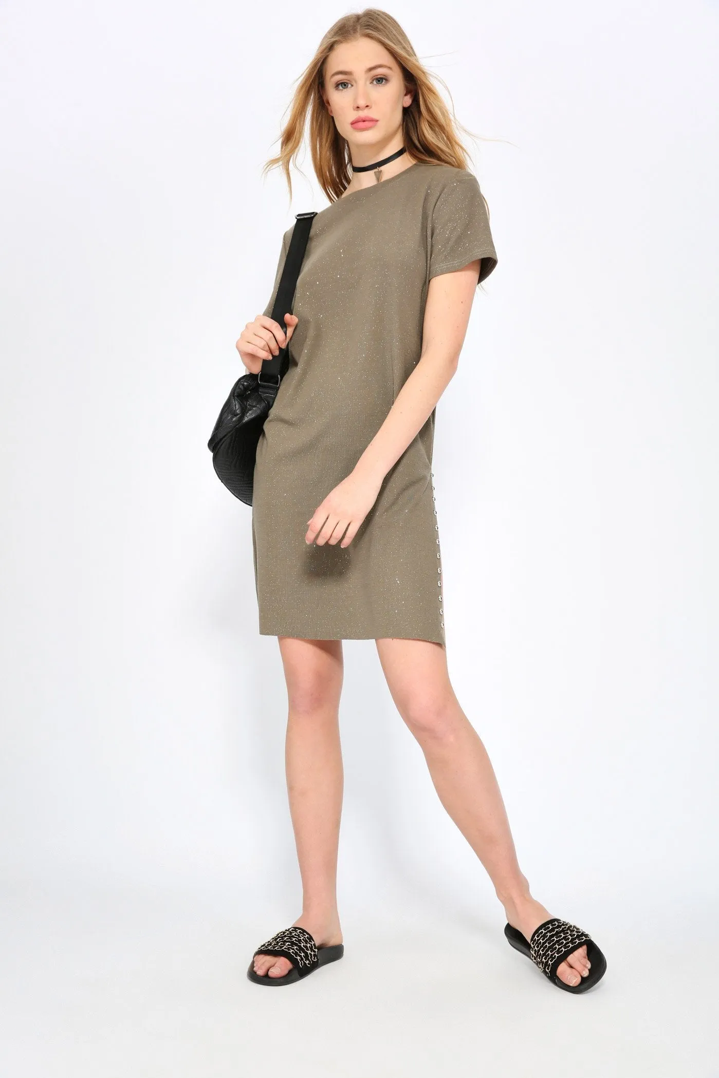 Khaki Sparkly Studded Shift Dress