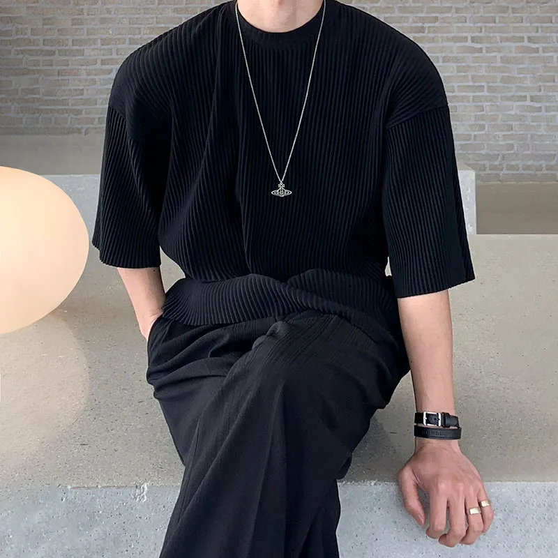 [Korean Style] Black Pleated Loose-Fit T-shirts