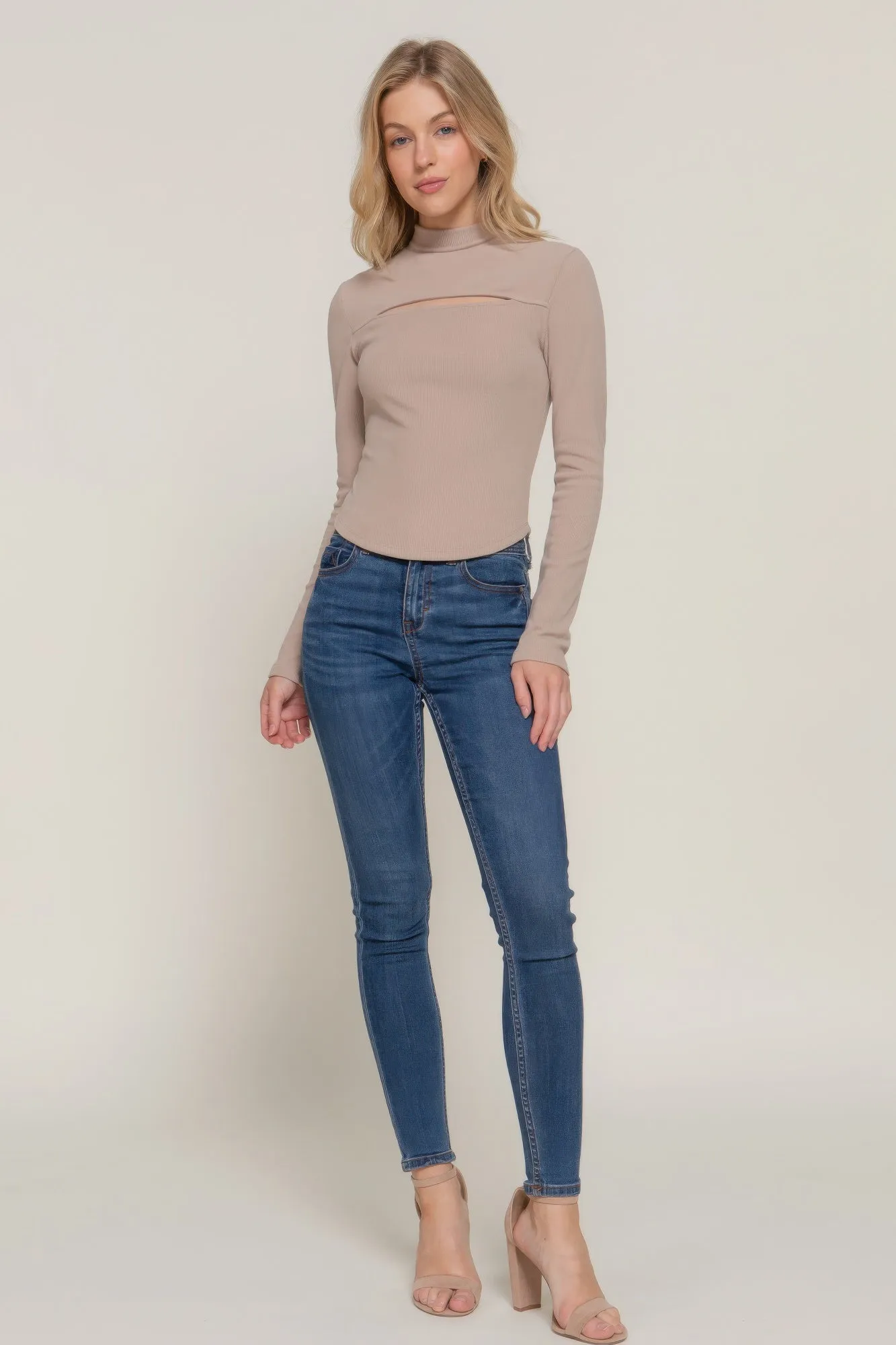 Long slv mock neck kyehole rib knit top