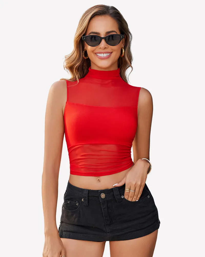 Mesh Sheer Tops Mock Neck Tank