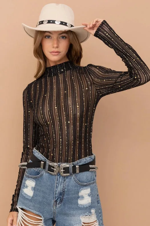 Metallic Star Stripe Mesh Mock Neck Top Black