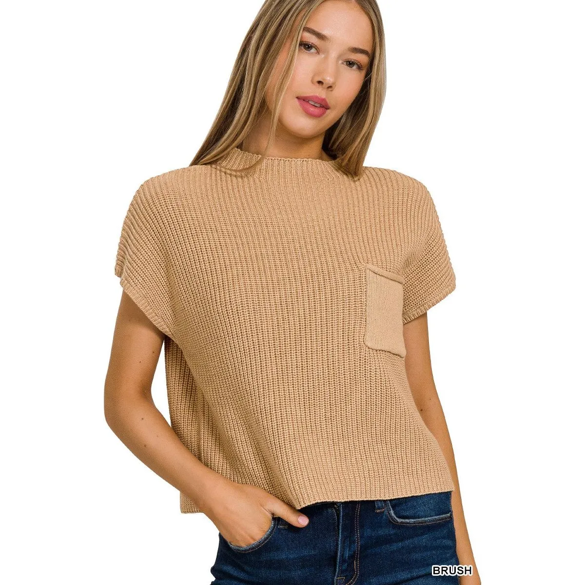 Mock Neck Short Sleeve Cropped Sweater