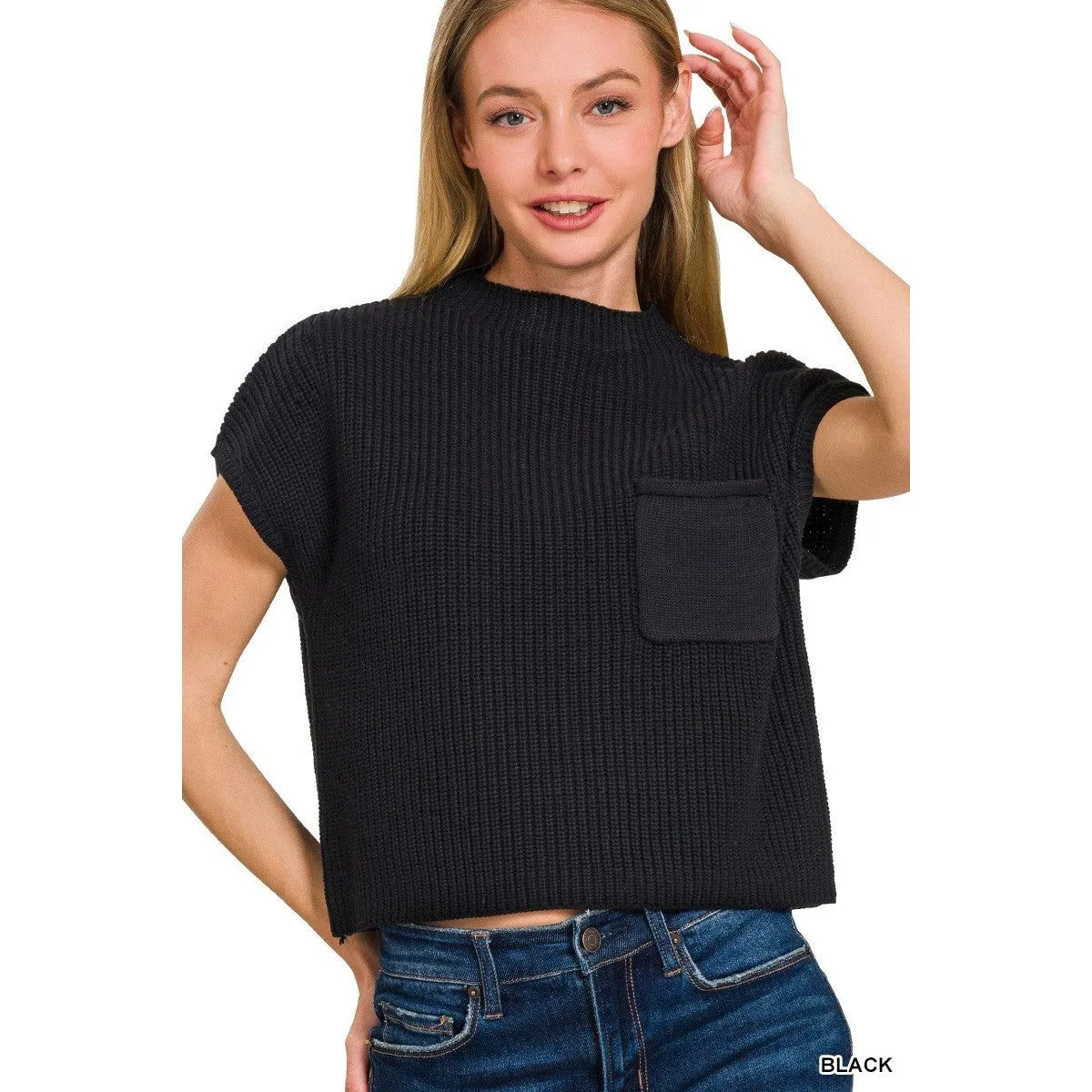 Mock Neck Short Sleeve Cropped Sweater