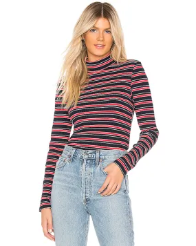 Mock Neck Striped Rib Knit Long Sleeve Top