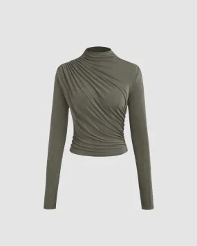 Modely Mock Neck Ruched Long Sleeve Green Top