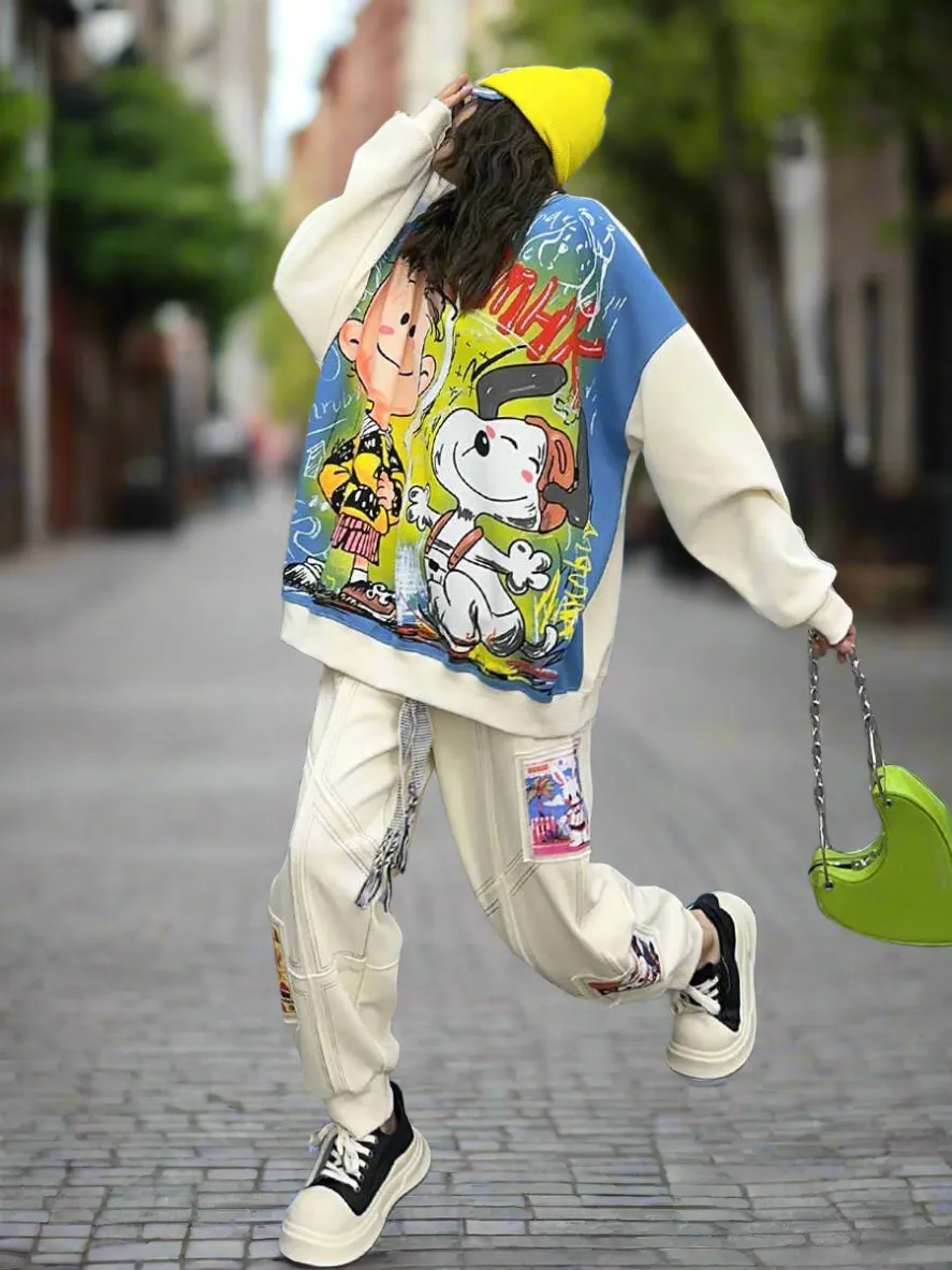 Open stitching sweatpants graffiti sweatshirt two-piece set