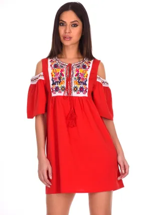 Red Aztec Cold Shoulder Dress