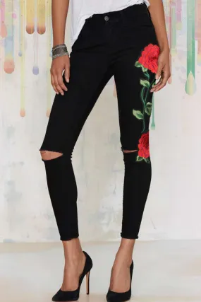 Rose Embroidery Cutout Jeans