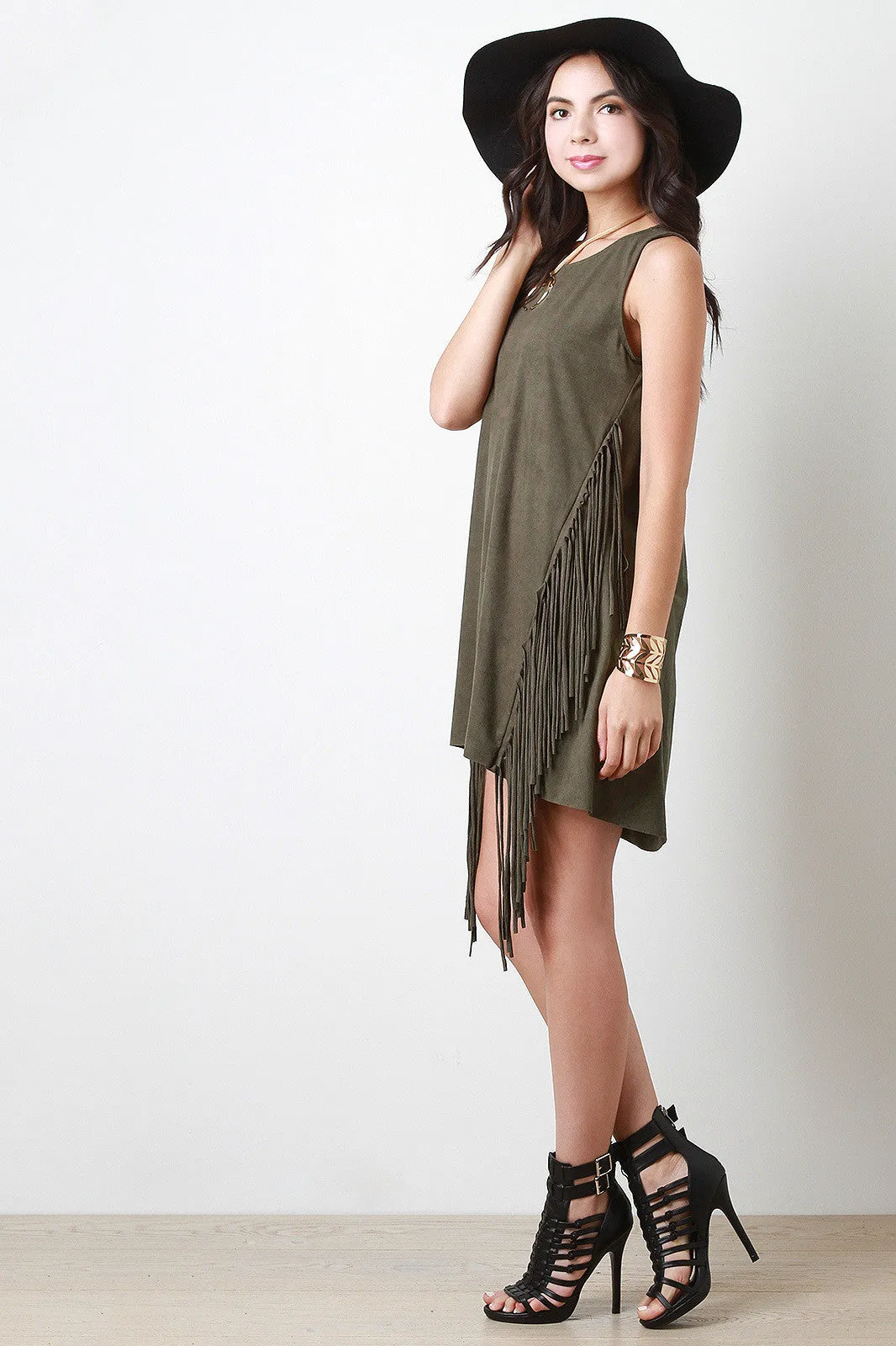 Slanted Fringe Suede Shift Mini Dress