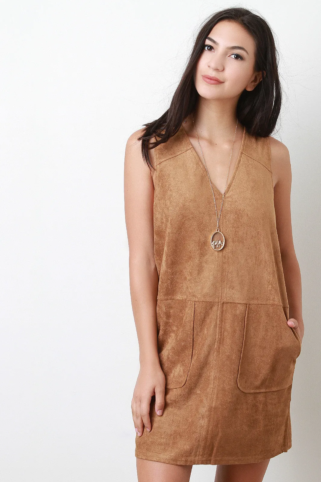 Sleeveless Suede Shift Pocket Dress