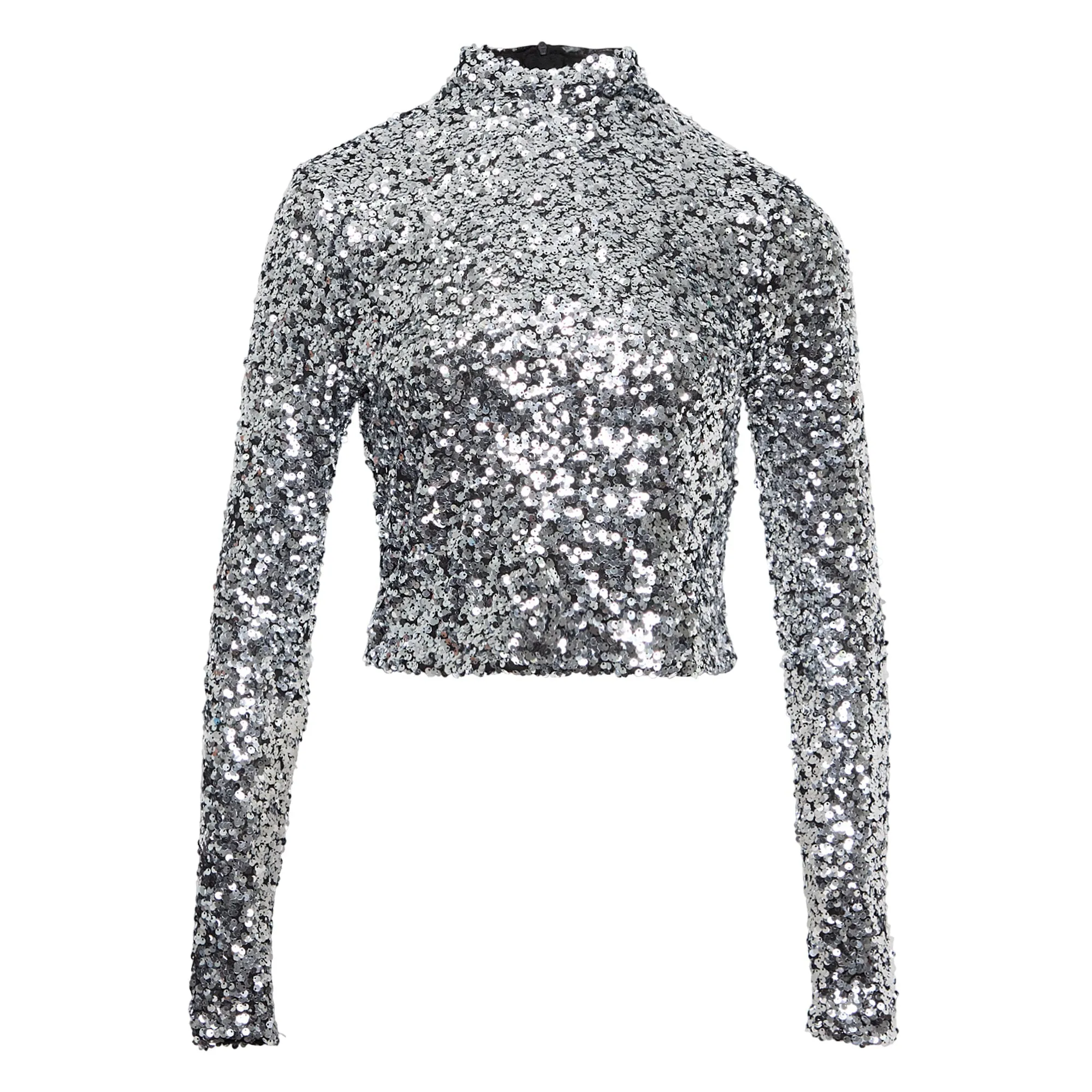 Small Sequins Mesh Mock Neck Top