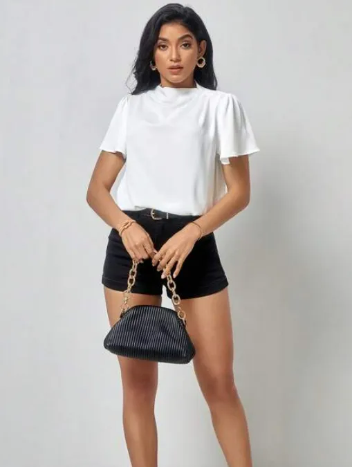 Solid Mock Neck Puff Sleeve Blouse - (M)-6