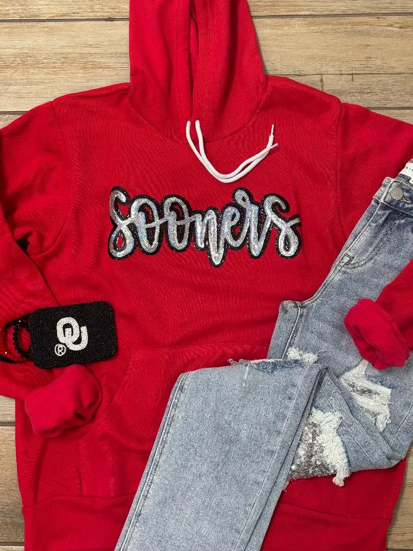 Sooners Sequin Chenille Patch Sweatshirt or Hoodie