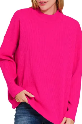 Zenana Cool Valley Hot Pink Mock Neck Sweater